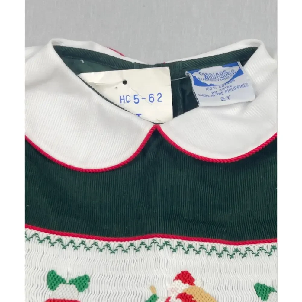 Vintage NWT Carriage Boutiques 2T Green Christmas Smocked Corduroy Dress Santa